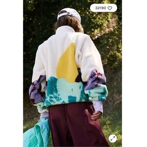 New Free People Movement Hit The Slopes Printed Fleece Jacket Ivory Sunrise XS
